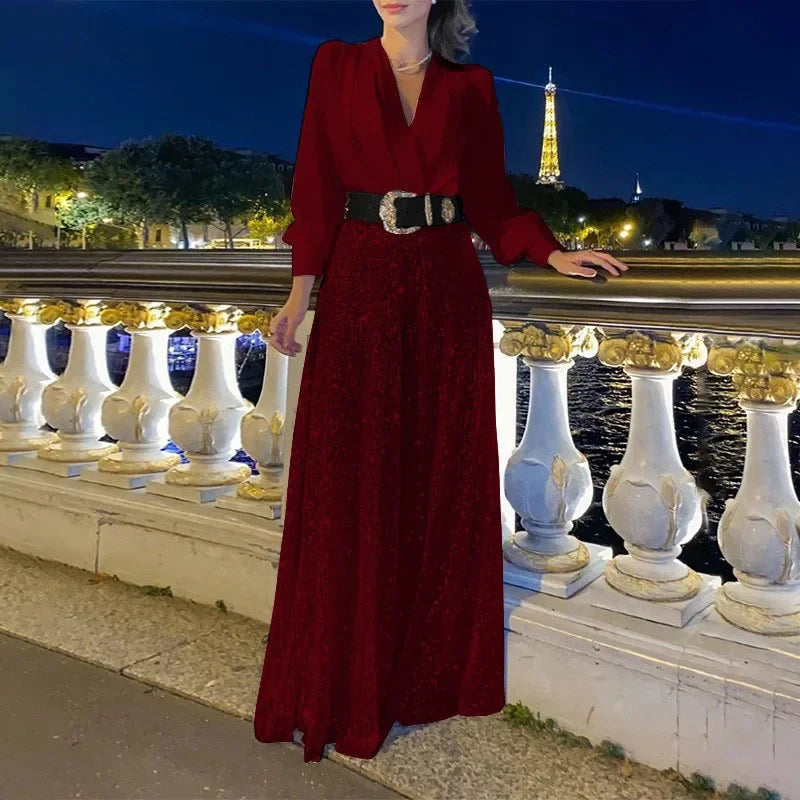V-neck Fashionable Belt Long Sleeves Sequined Jumpsuit with Random Belt