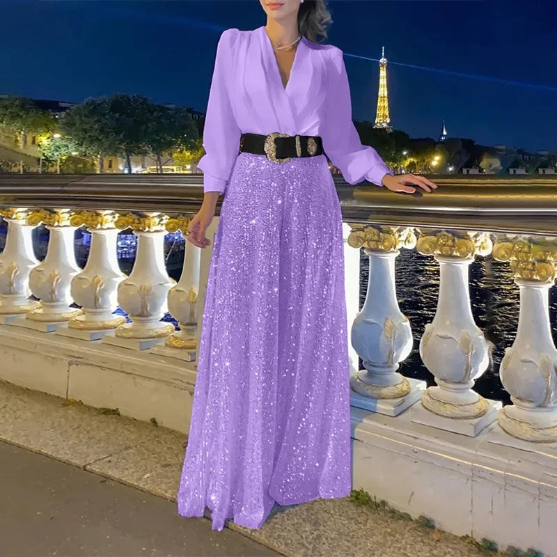 V-neck Fashionable Belt Long Sleeves Sequined Jumpsuit with Random Belt