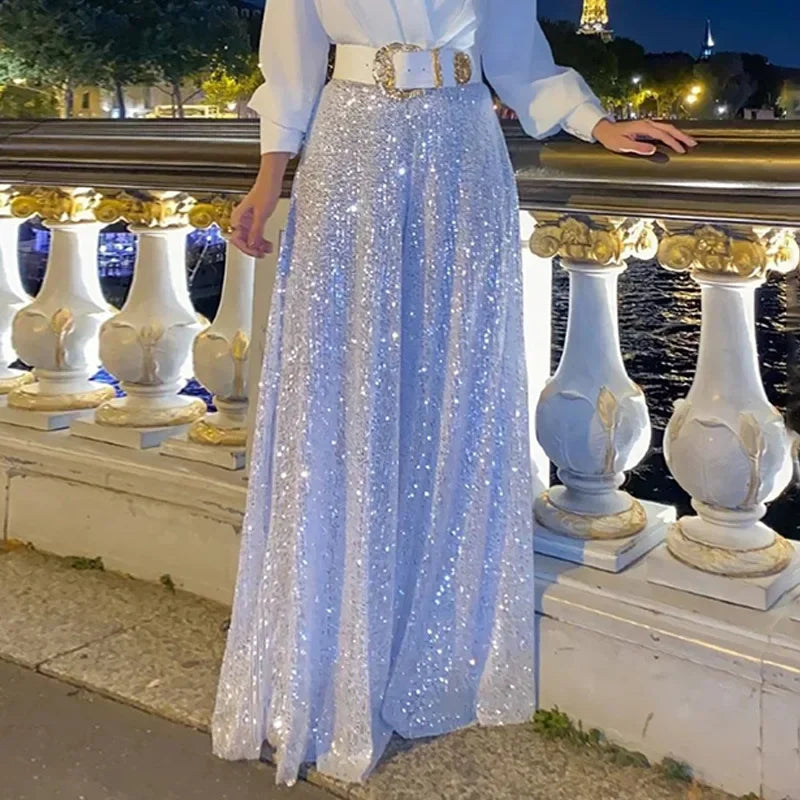 V-neck Fashionable Belt Long Sleeves Sequined Jumpsuit with Random Belt
