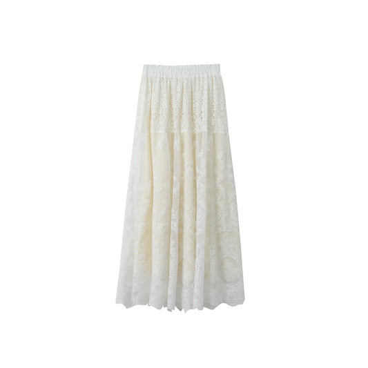 Vintage Elegant White Lace A-line High-waisted Skirt
