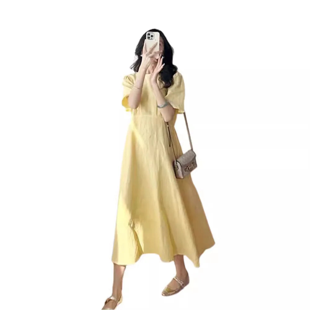 Vintage French Yellow Crew Neck Tee Length A-Line Cotton Dress