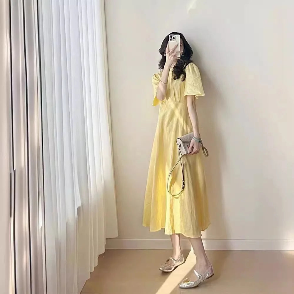 Vintage French Yellow Crew Neck Tee Length A-Line Cotton Dress