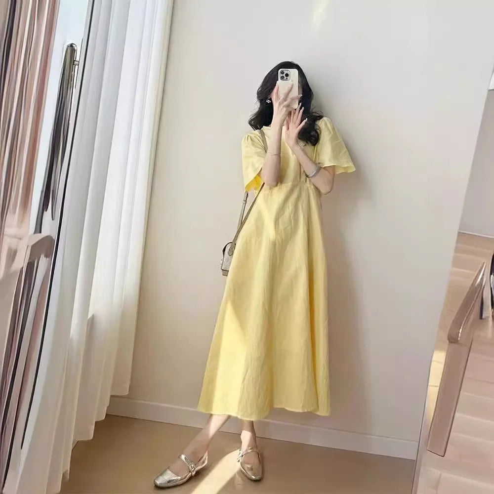 Vintage French Yellow Crew Neck Tee Length A-Line Cotton Dress
