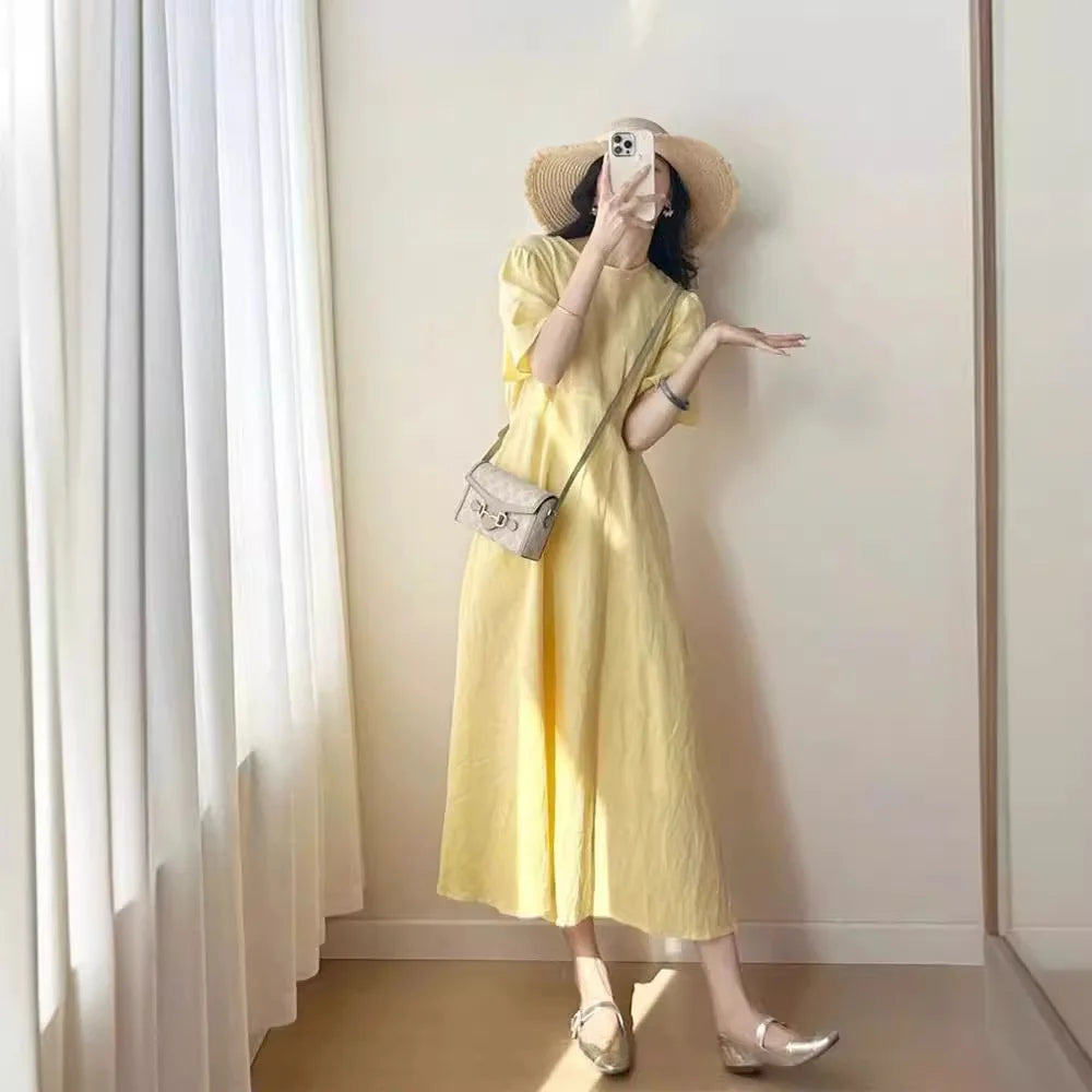 Vintage French Yellow Crew Neck Tee Length A-Line Cotton Dress