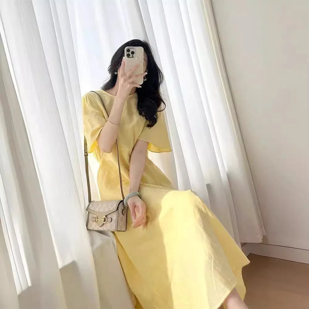 Vintage French Yellow Crew Neck Tee Length A-Line Cotton Dress