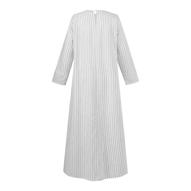 Vintage Women's Cotton Linen Pullover Round Neck A-line Dress