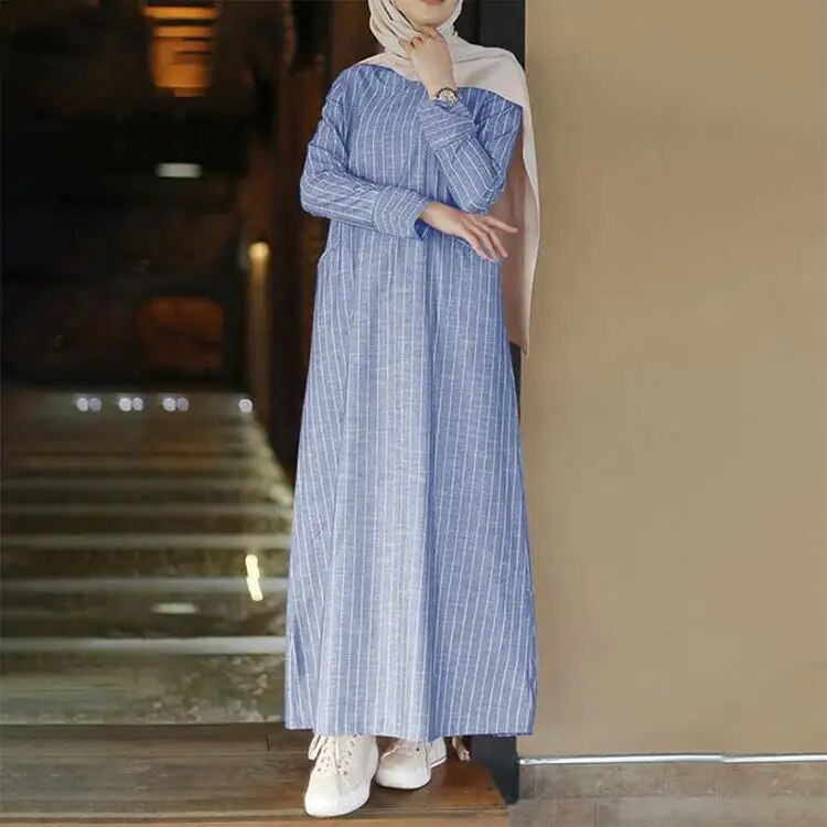 Vintage Women's Cotton Linen Pullover Round Neck A-line Dress