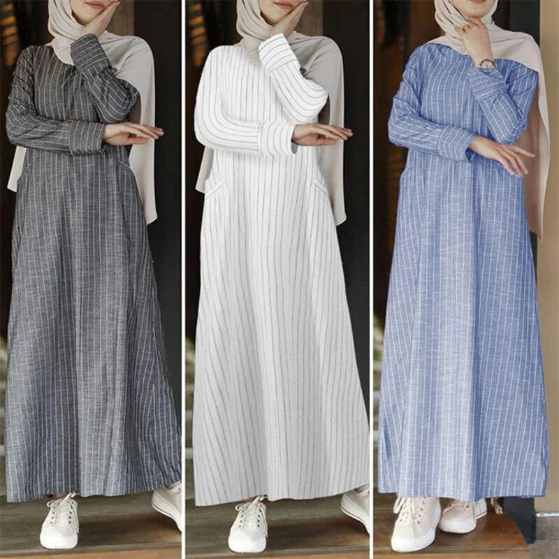 Vintage Women's Cotton Linen Pullover Round Neck A-line Dress