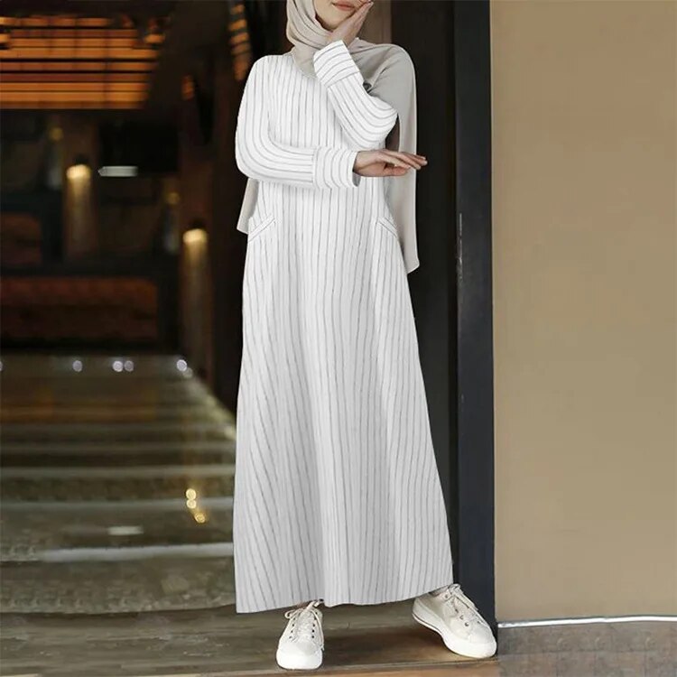 Vintage Women's Cotton Linen Pullover Round Neck A-line Dress