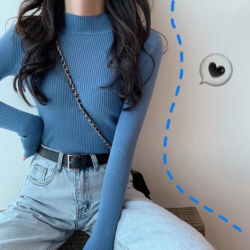 Women's 2023 Autumn/Winter Long Sleeved Underlay Slim Half High Collar Pullover Knitwear