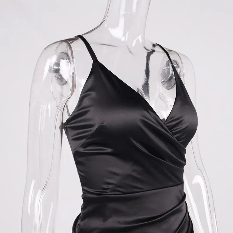 Women's Satin Sexy V-neck Open Back Spaghetti Straps High Split Knee Length Dress