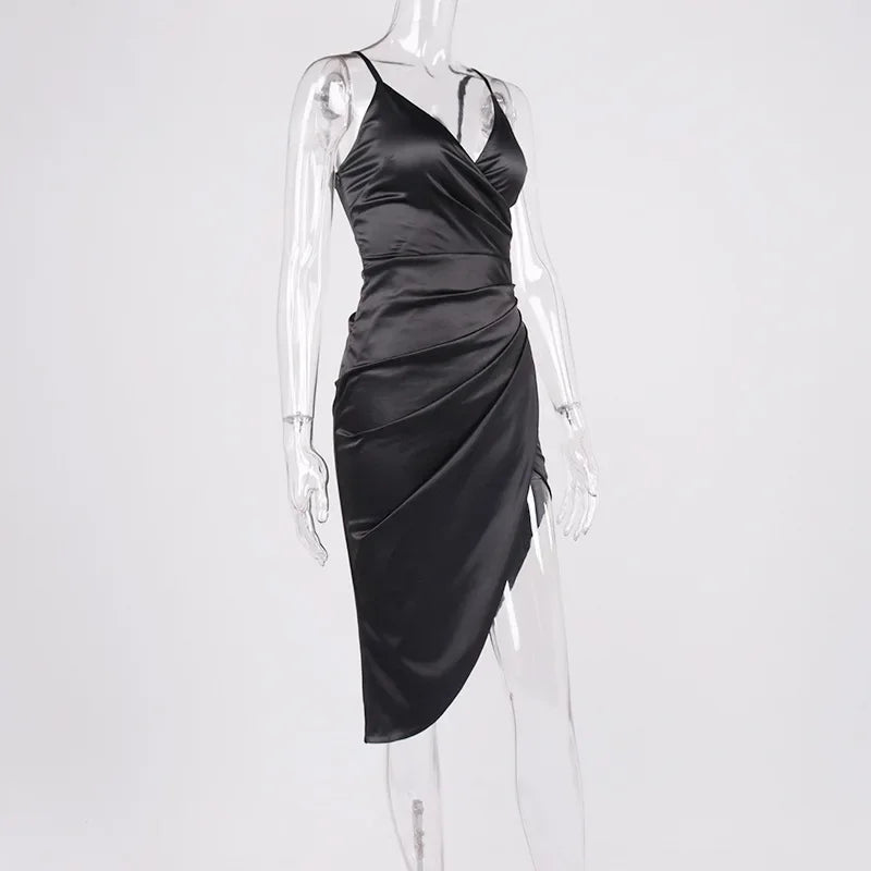 Women's Satin Sexy V-neck Open Back Spaghetti Straps High Split Knee Length Dress