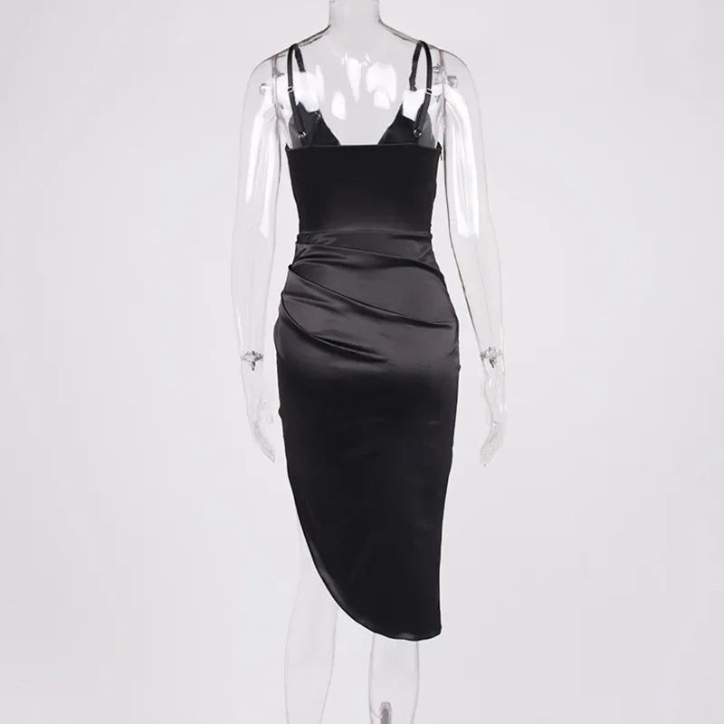 Women's Satin Sexy V-neck Open Back Spaghetti Straps High Split Knee Length Dress