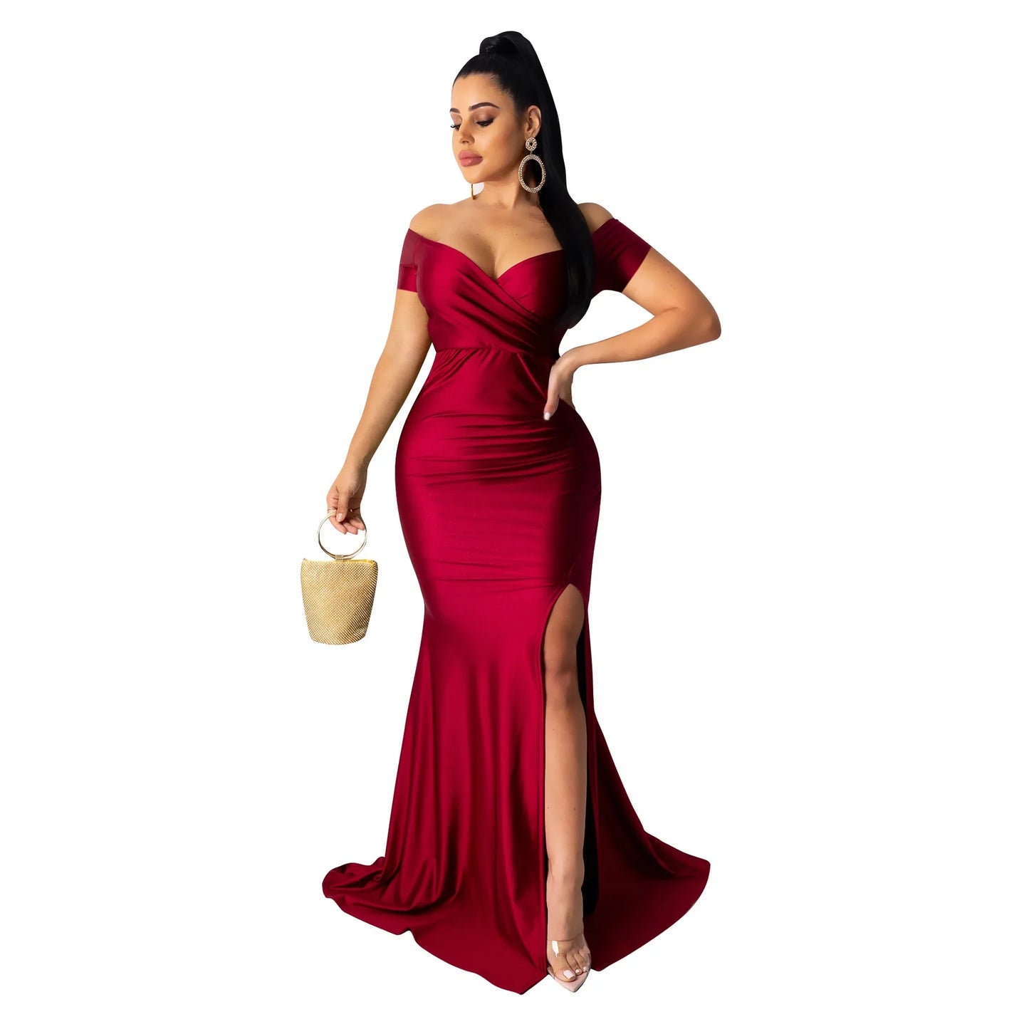 Women's Sexy Solid Color V-neck Side Split Off Shoulder Long Formal Evening Dress