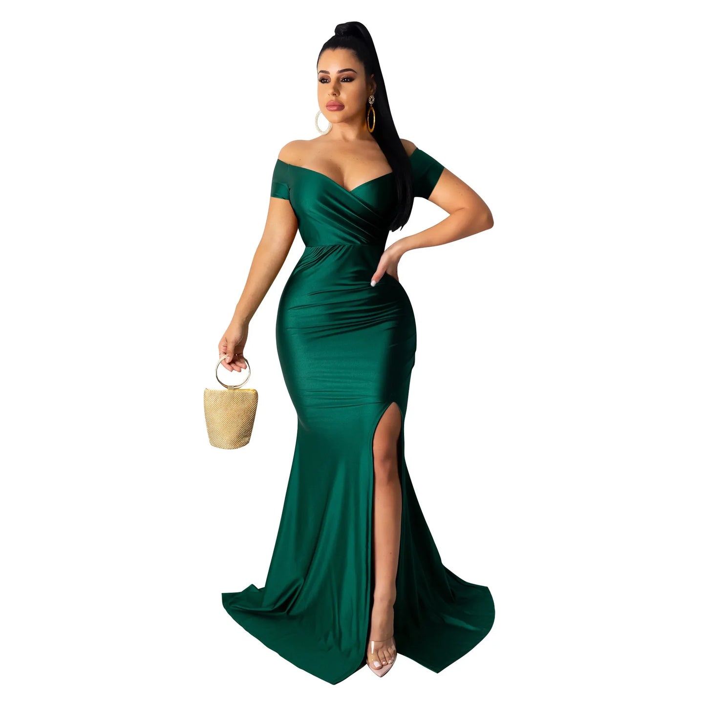 Women's Sexy Solid Color V-neck Side Split Off Shoulder Long Formal Evening Dress