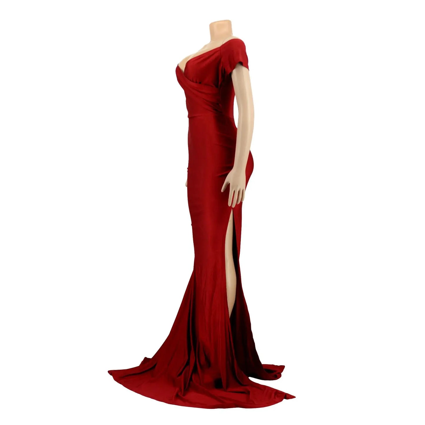 Women's Sexy Solid Color V-neck Side Split Off Shoulder Long Formal Evening Dress