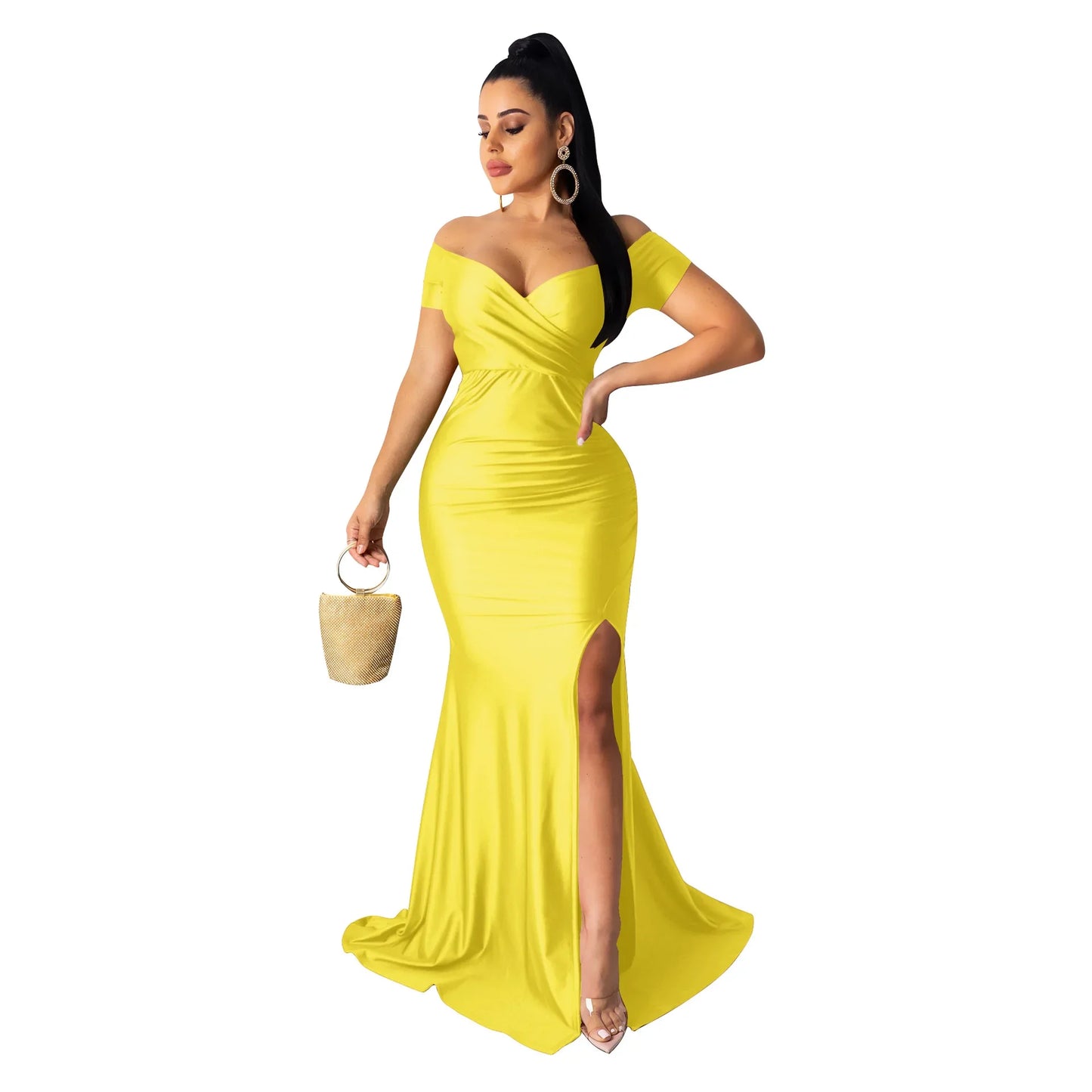 Women's Sexy Solid Color V-neck Side Split Off Shoulder Long Formal Evening Dress