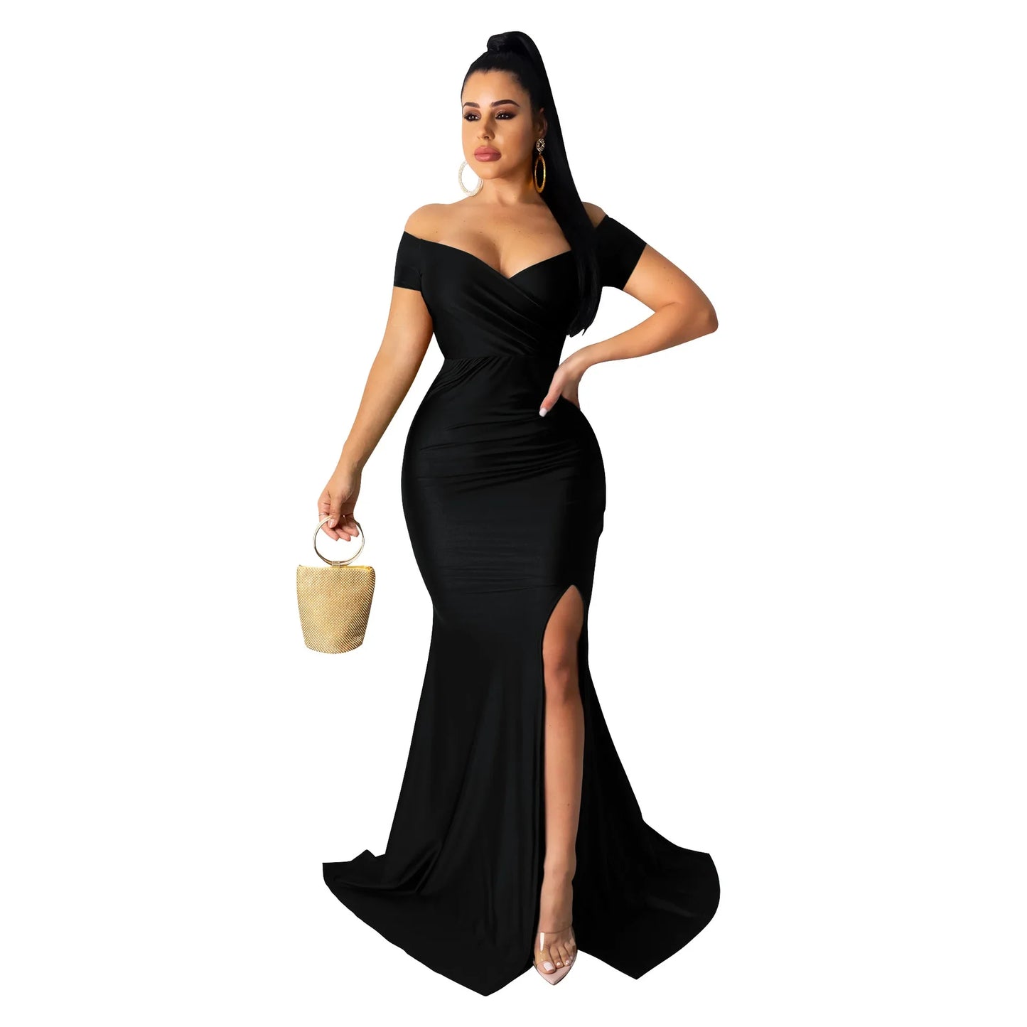 Women's Sexy Solid Color V-neck Side Split Off Shoulder Long Formal Evening Dress