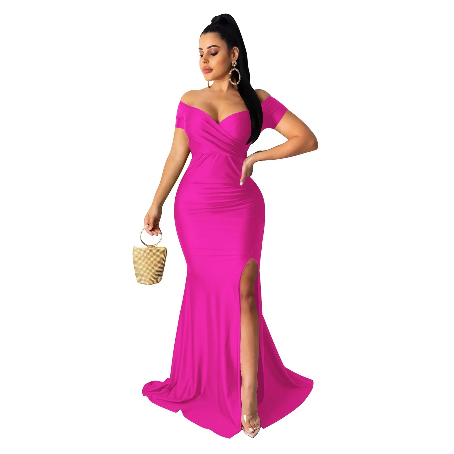 Women's Sexy Solid Color V-neck Side Split Off Shoulder Long Formal Evening Dress