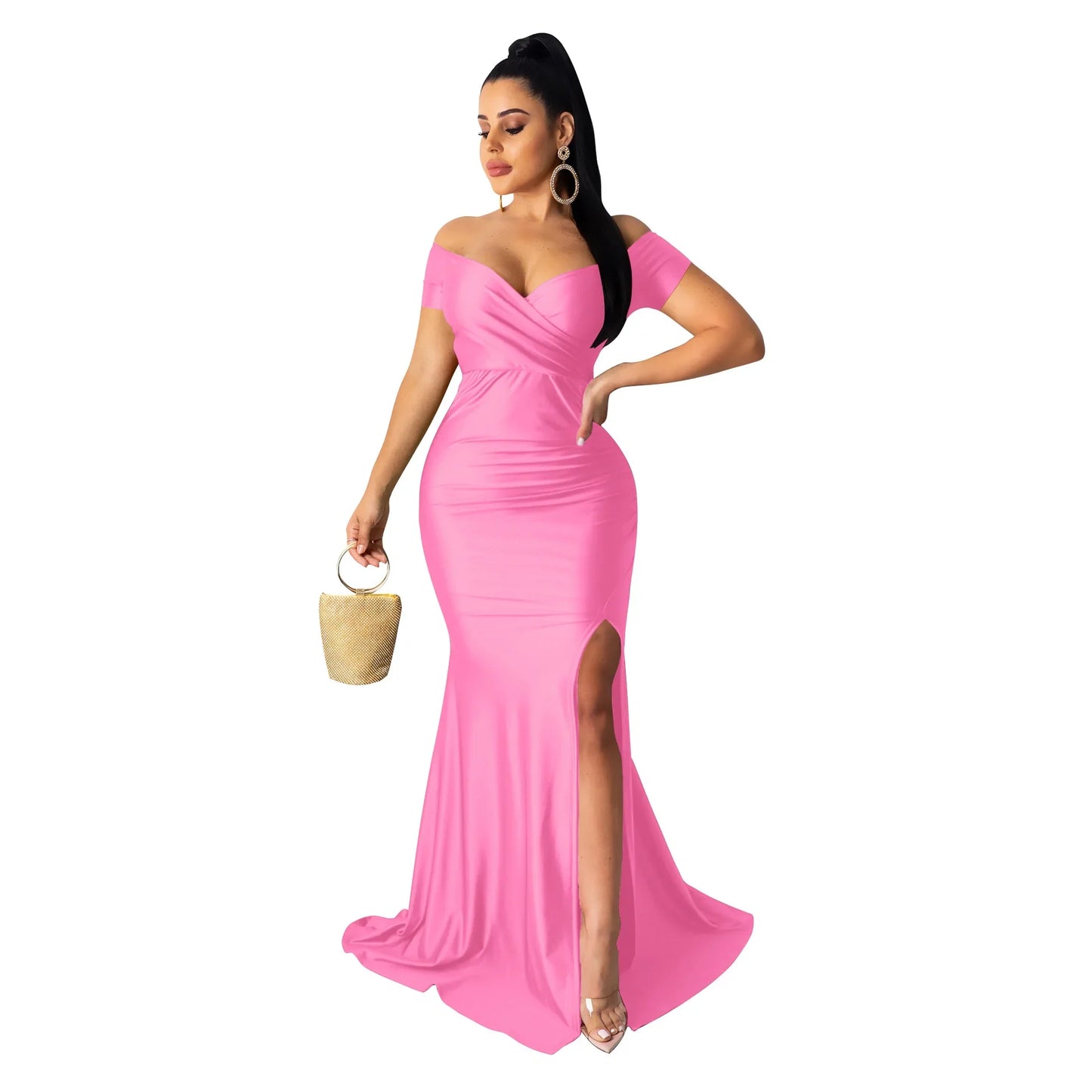 Women's Sexy Solid Color V-neck Side Split Off Shoulder Long Formal Evening Dress