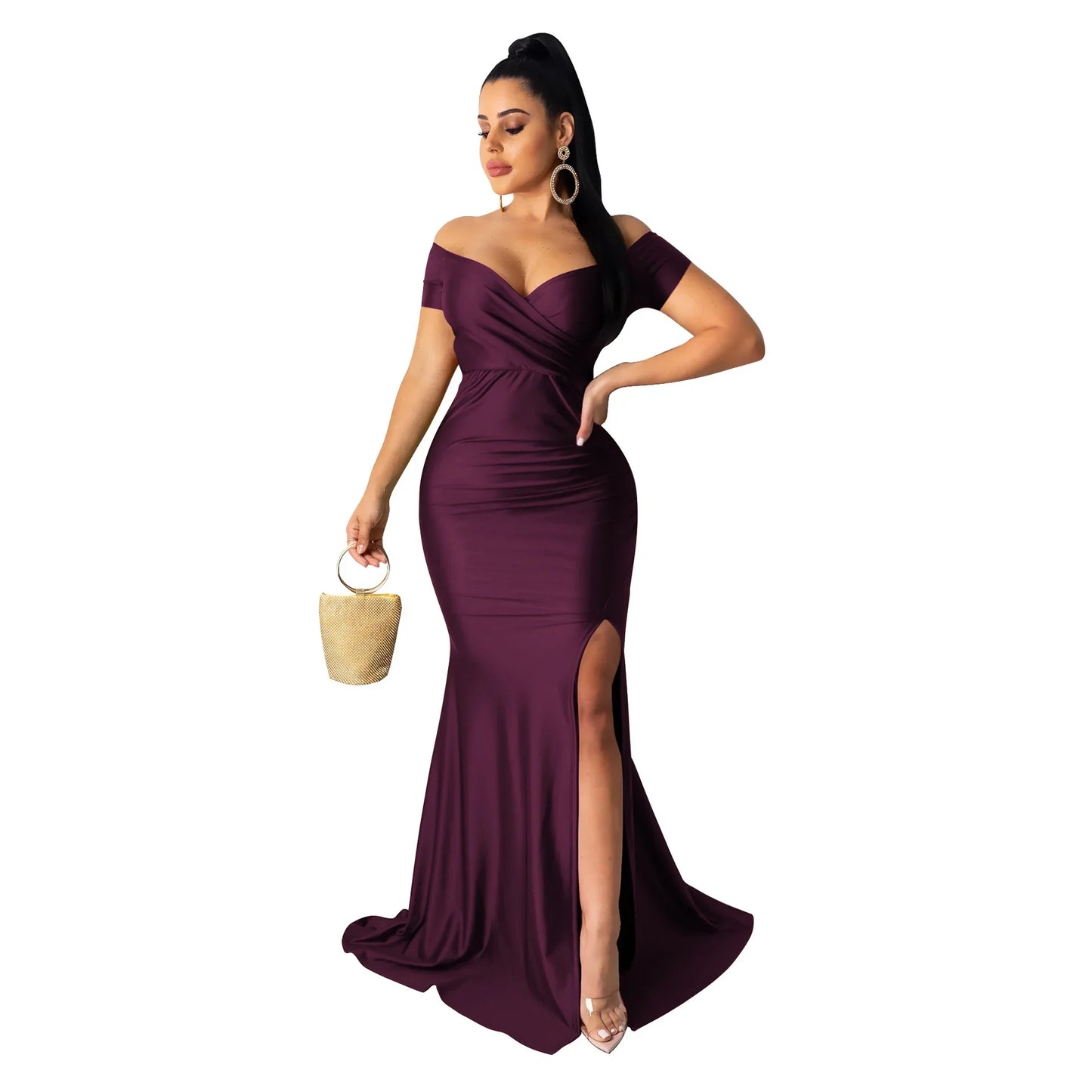 Women's Sexy Solid Color V-neck Side Split Off Shoulder Long Formal Evening Dress