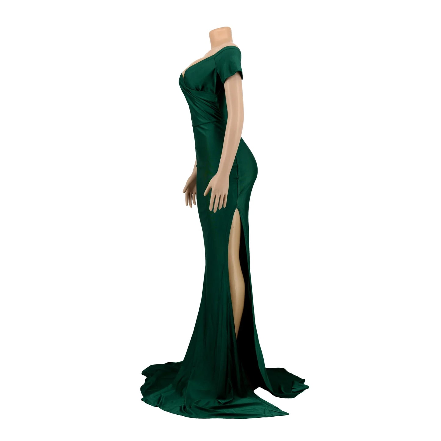 Women's Sexy Solid Color V-neck Side Split Off Shoulder Long Formal Evening Dress