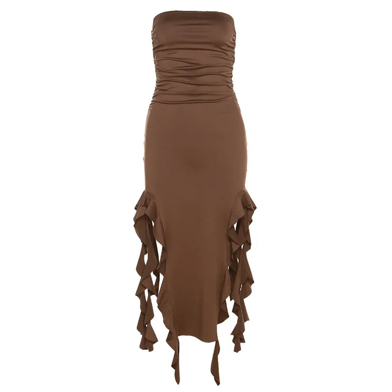 Women's Strapless Buttocks Wrapped Slim Irregular High Low Ruffles Party Club Dress