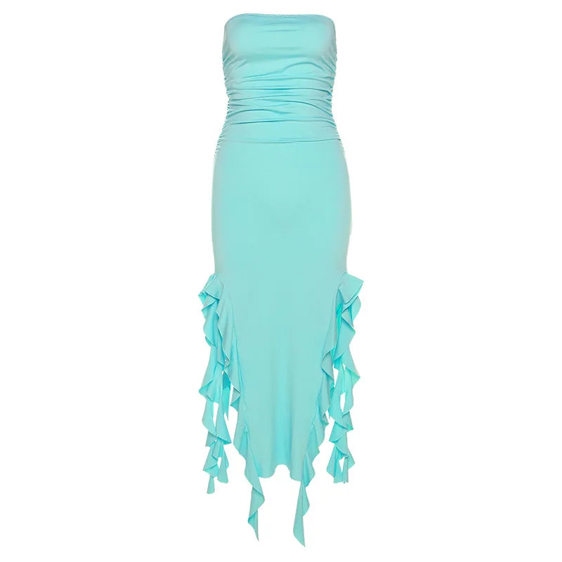 Women's Strapless Buttocks Wrapped Slim Irregular High Low Ruffles Party Club Dress