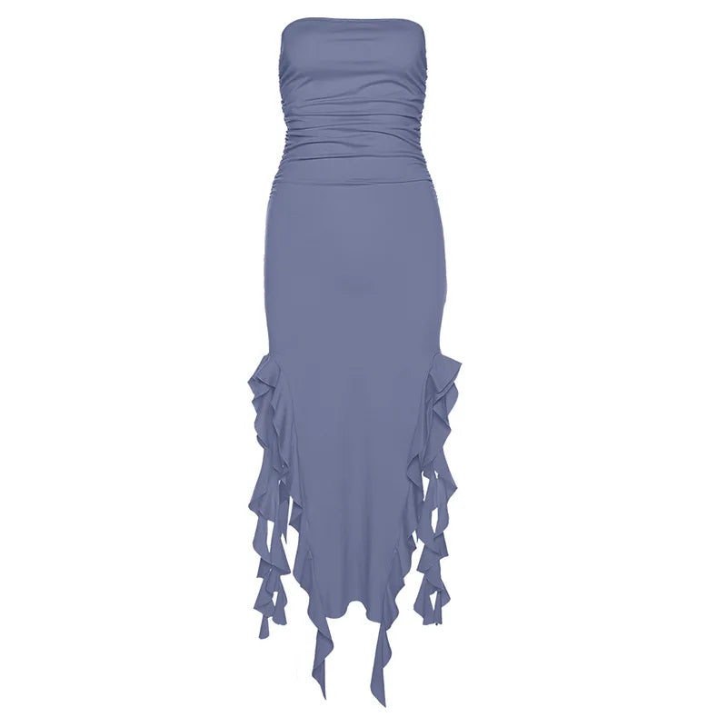 Women's Strapless Buttocks Wrapped Slim Irregular High Low Ruffles Party Club Dress