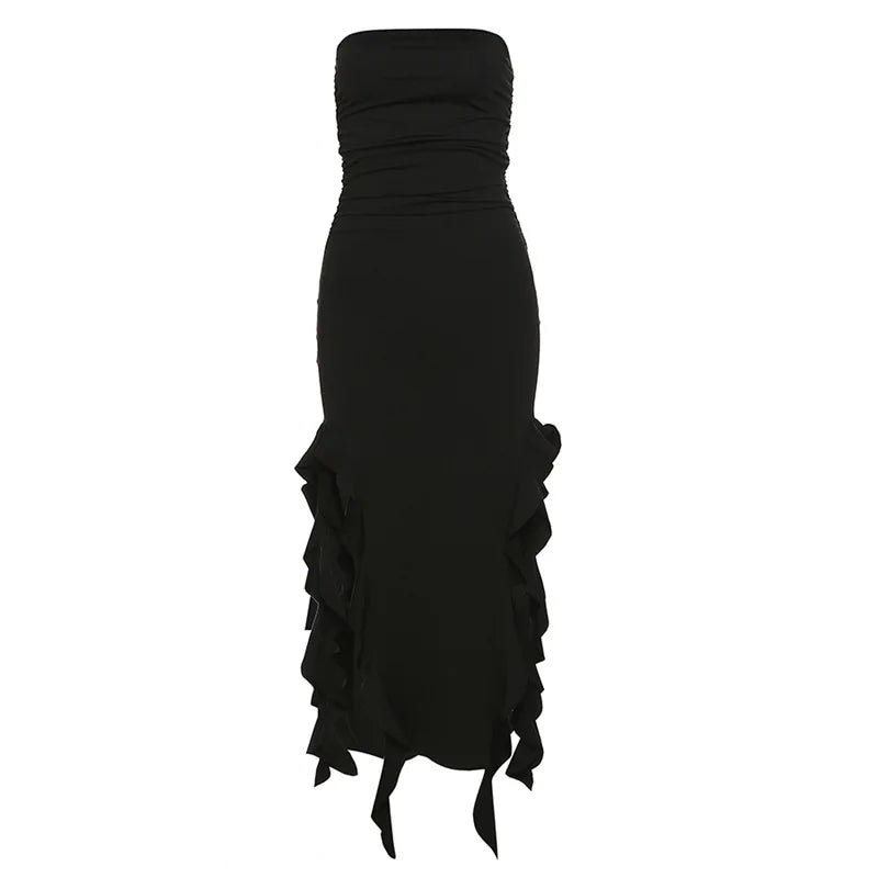 Women's Strapless Buttocks Wrapped Slim Irregular High Low Ruffles Party Club Dress
