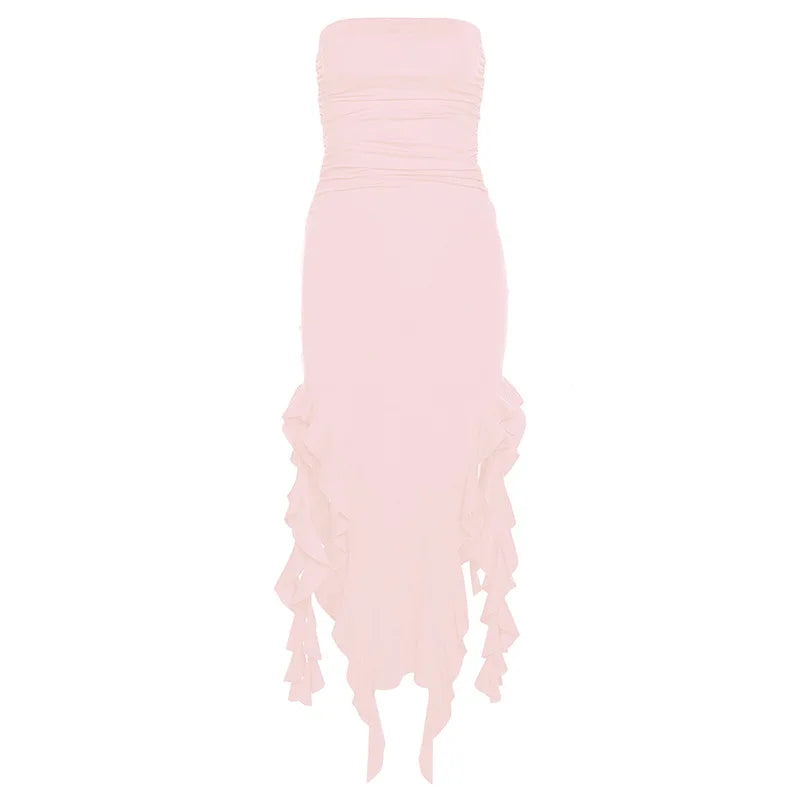 Women's Strapless Buttocks Wrapped Slim Irregular High Low Ruffles Party Club Dress