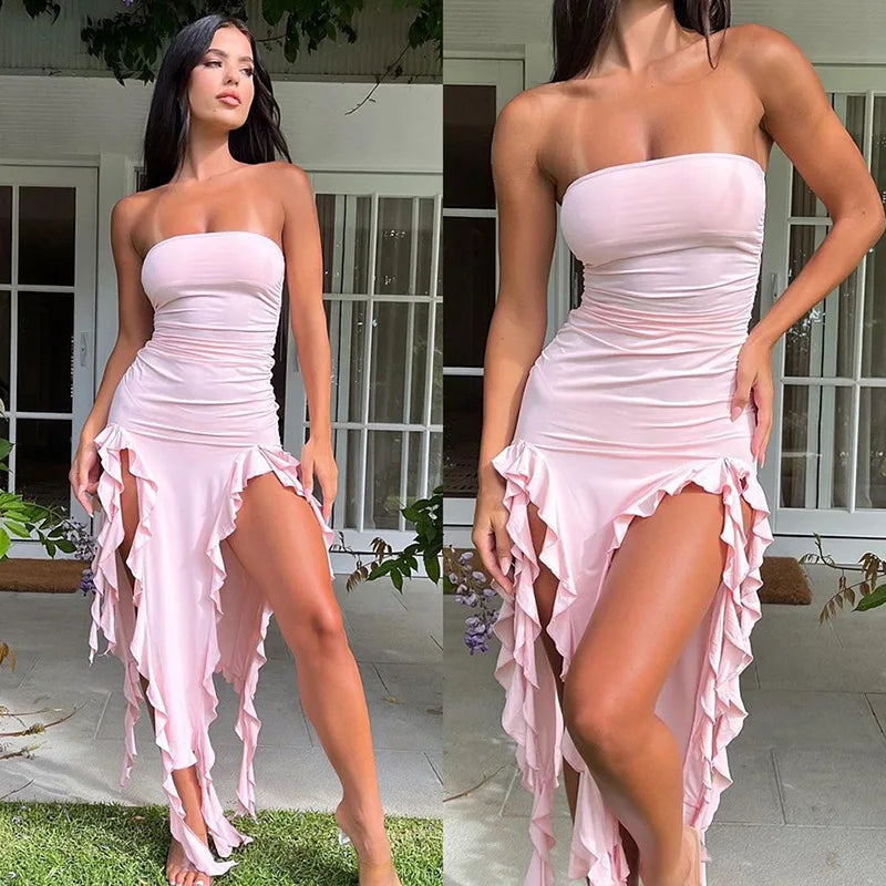 Women's Strapless Buttocks Wrapped Slim Irregular High Low Ruffles Party Club Dress
