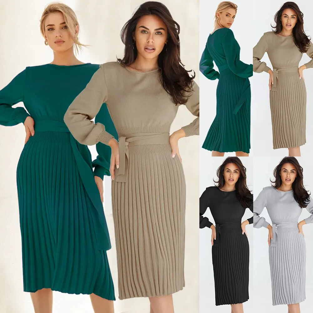 Women's Wear New Autumn/Winter Knitted Dress Pleated Mid Length Bottom Sweater Skirt