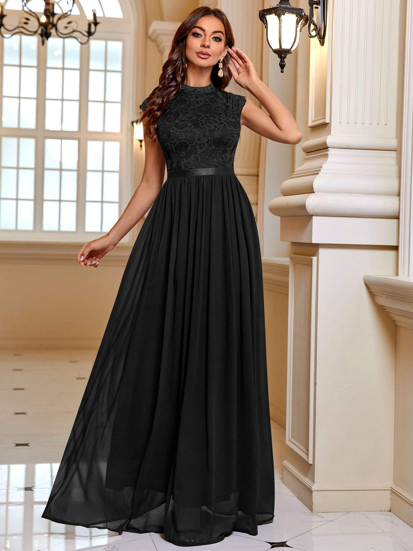 Lace Contrast Cap Sleeve Elegant Crew Neck Pleated Maxi Dress