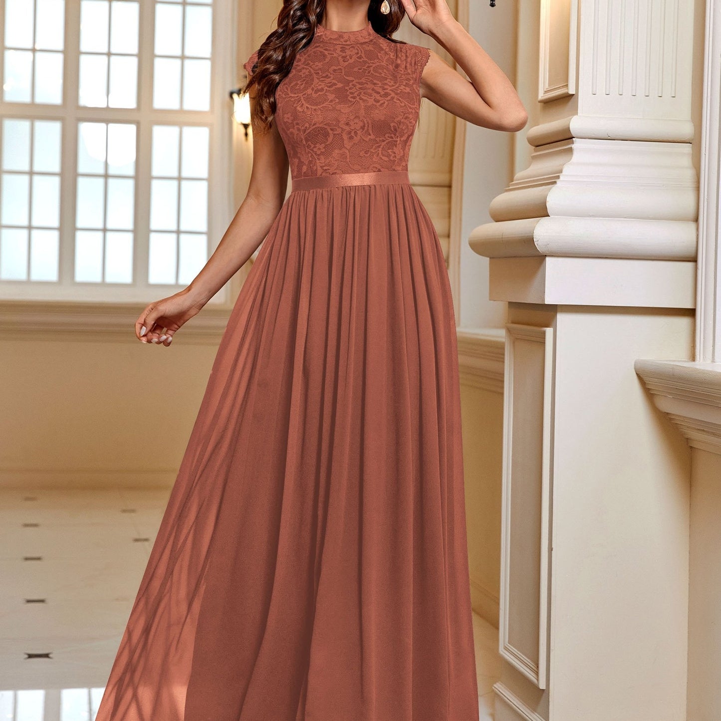 Lace Contrast Cap Sleeve Elegant Crew Neck Pleated Maxi Dress