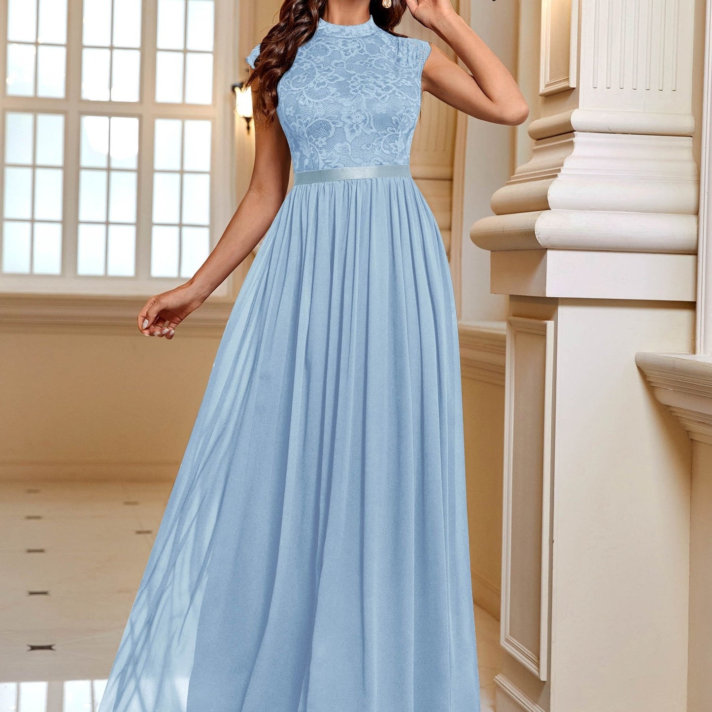 Lace Contrast Cap Sleeve Elegant Crew Neck Pleated Maxi Dress