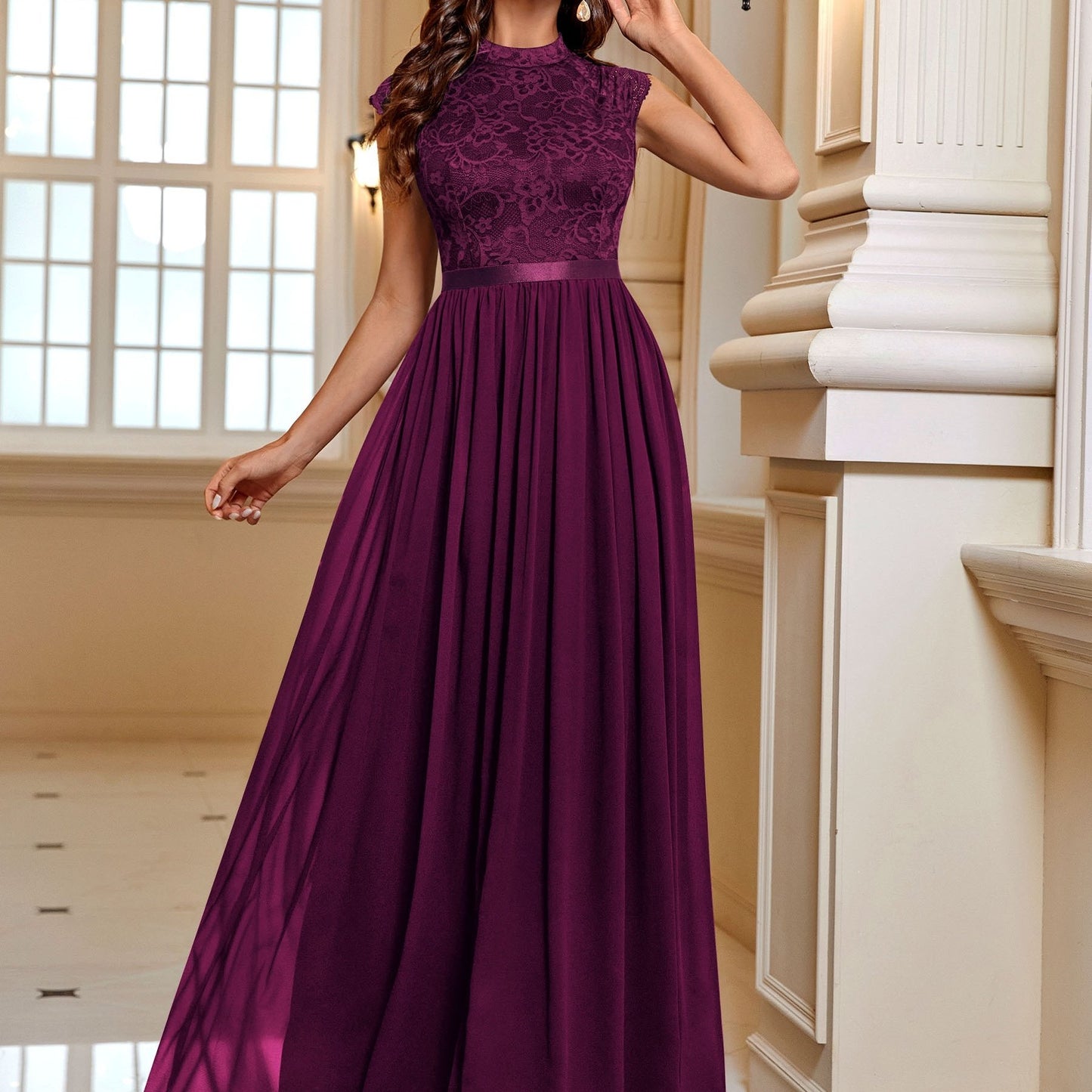 Lace Contrast Cap Sleeve Elegant Crew Neck Pleated Maxi Dress