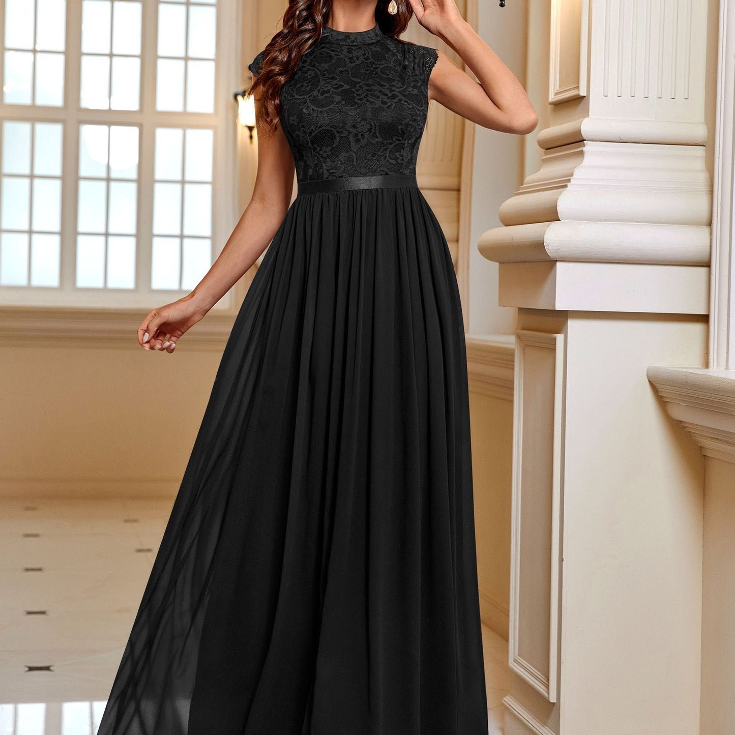 Lace Contrast Cap Sleeve Elegant Crew Neck Pleated Maxi Dress