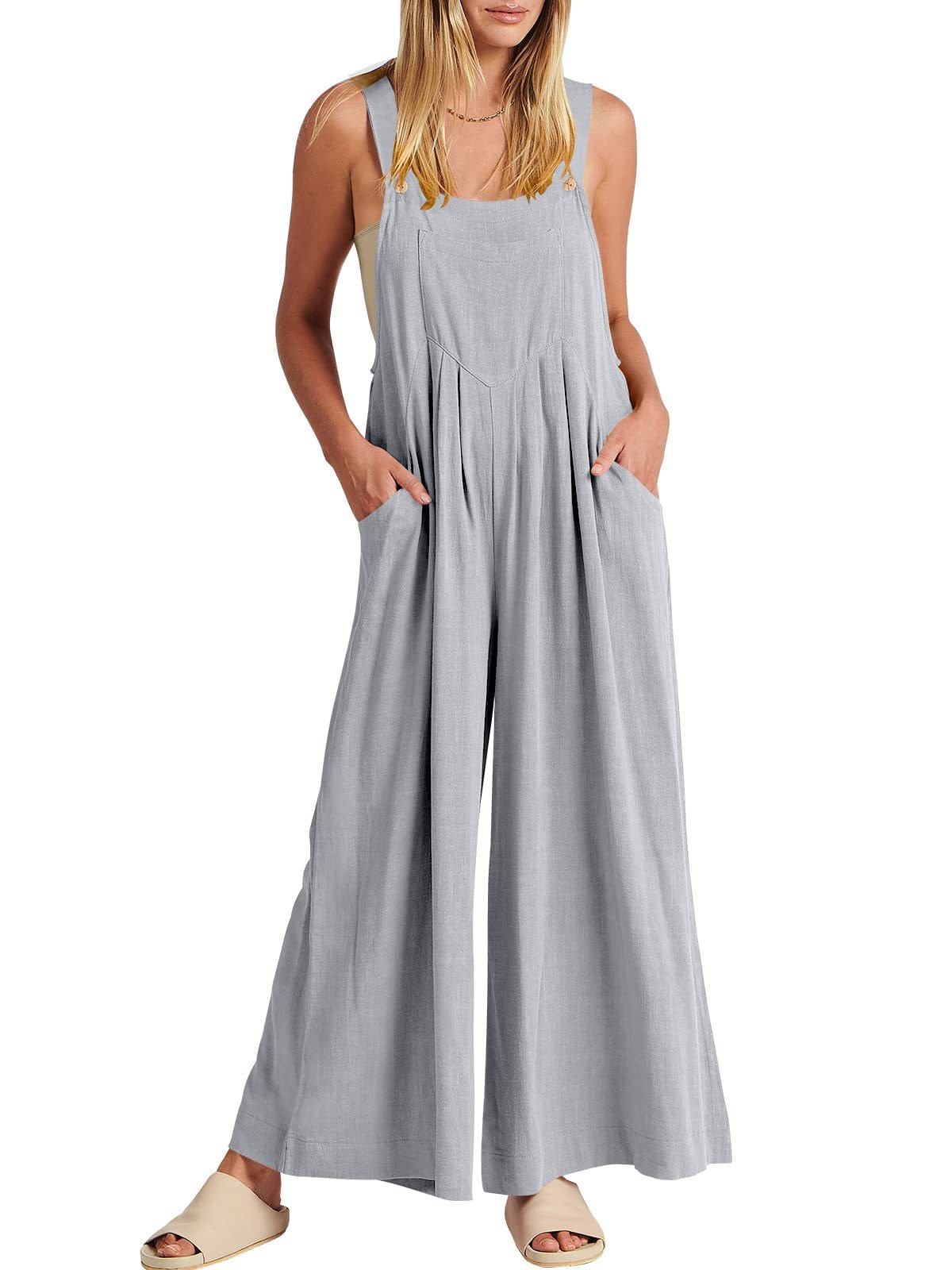 2023 Women's Solid Color Loose Casual Cotton Hemp Strap Jumpsuit with Pockets