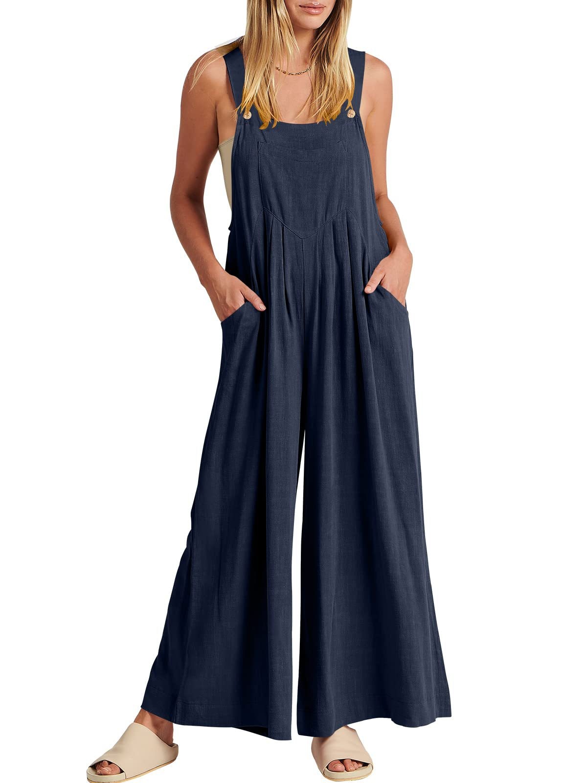 2023 Women's Solid Color Loose Casual Cotton Hemp Strap Jumpsuit with Pockets