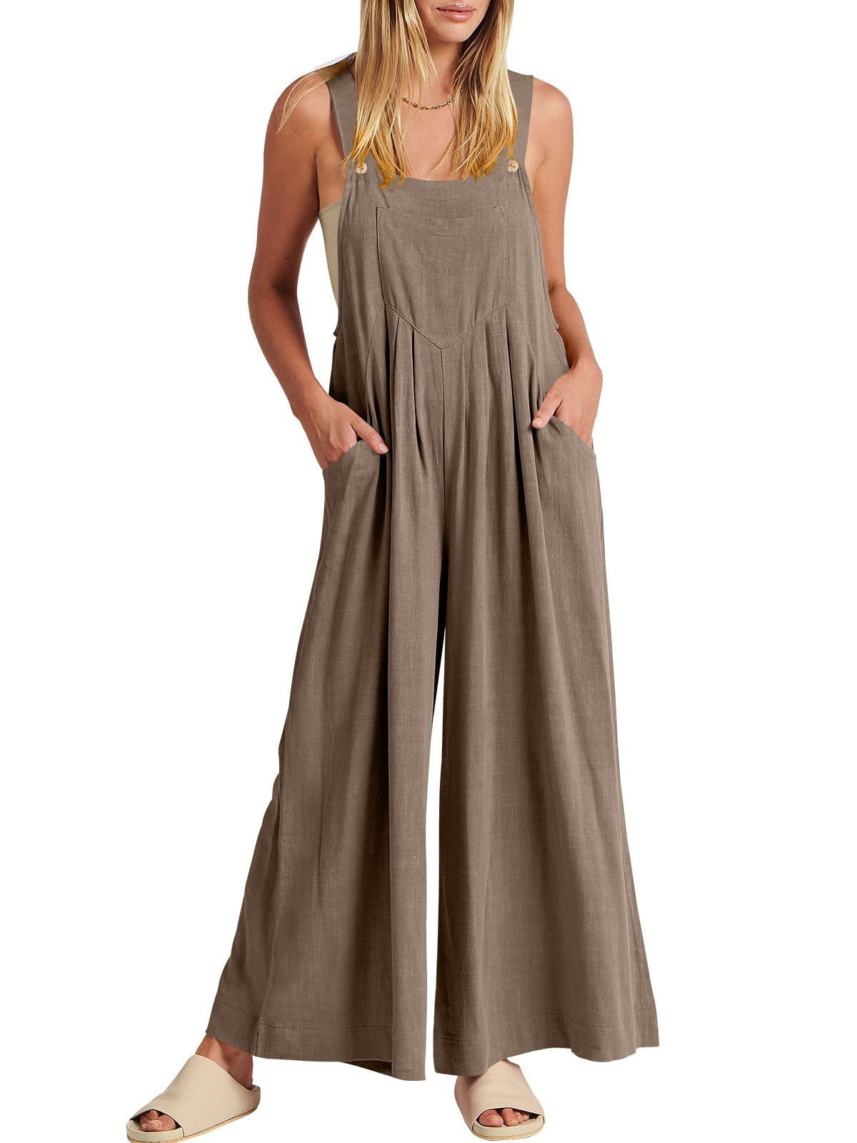 2023 Women's Solid Color Loose Casual Cotton Hemp Strap Jumpsuit with Pockets