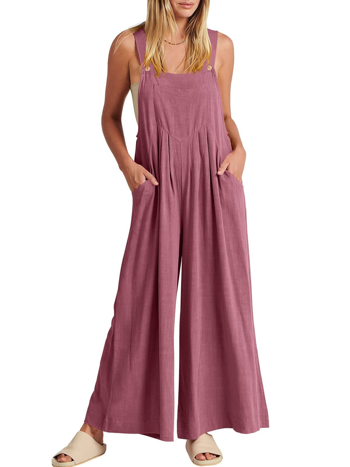 2023 Women's Solid Color Loose Casual Cotton Hemp Strap Jumpsuit with Pockets