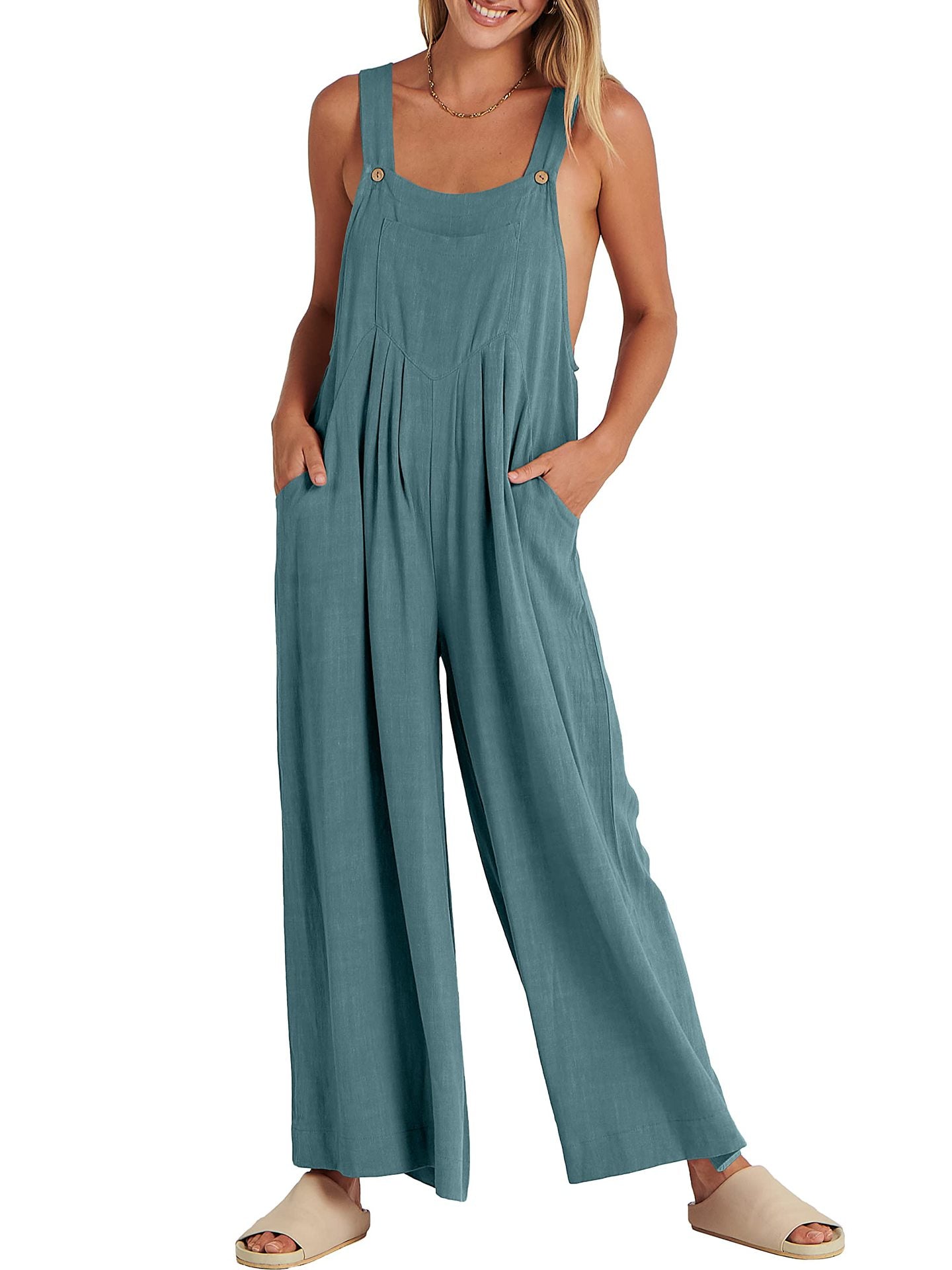2023 Women's Solid Color Loose Casual Cotton Hemp Strap Jumpsuit with Pockets