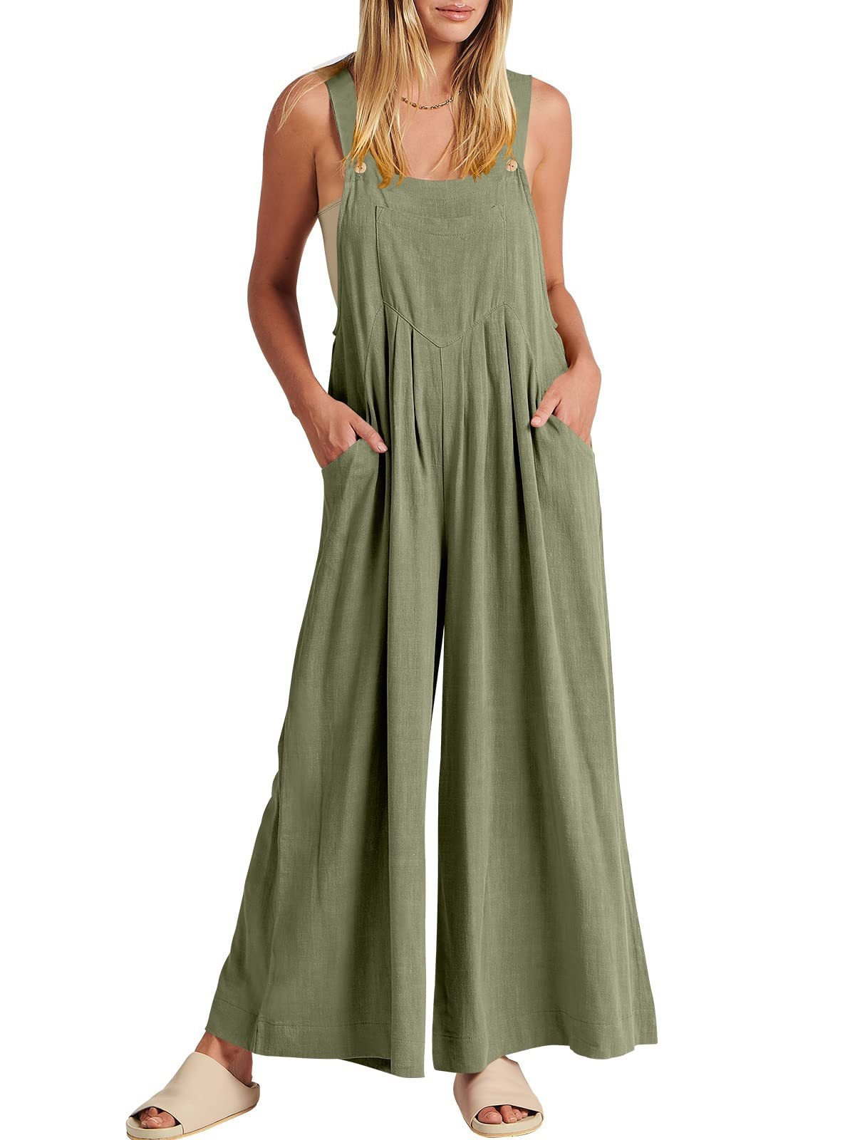 2023 Women's Solid Color Loose Casual Cotton Hemp Strap Jumpsuit with Pockets