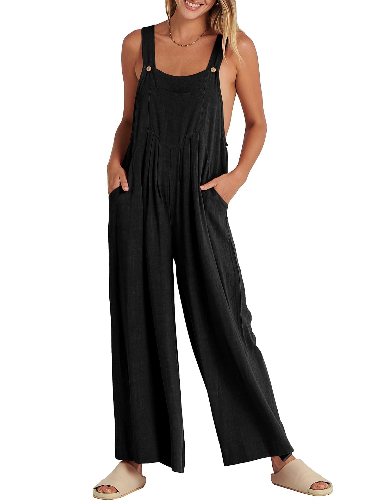 2023 Women's Solid Color Loose Casual Cotton Hemp Strap Jumpsuit with Pockets