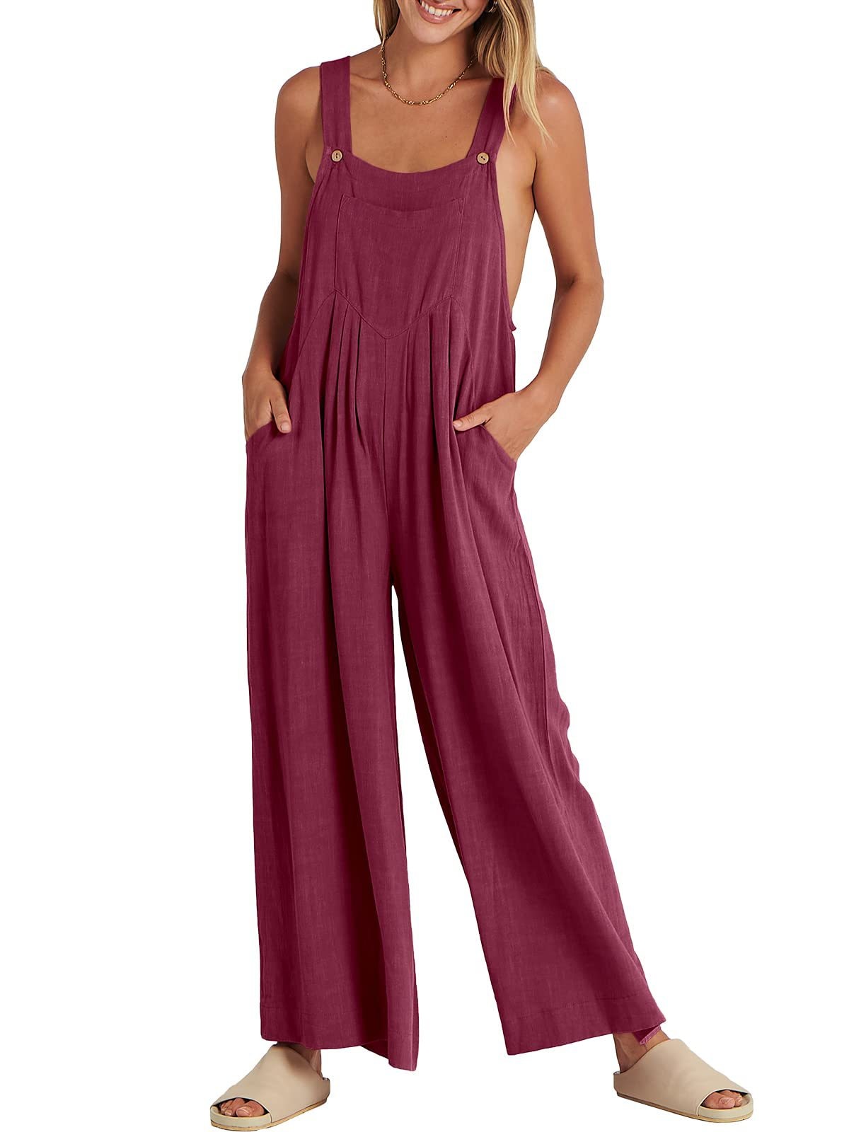 2023 Women's Solid Color Loose Casual Cotton Hemp Strap Jumpsuit with Pockets