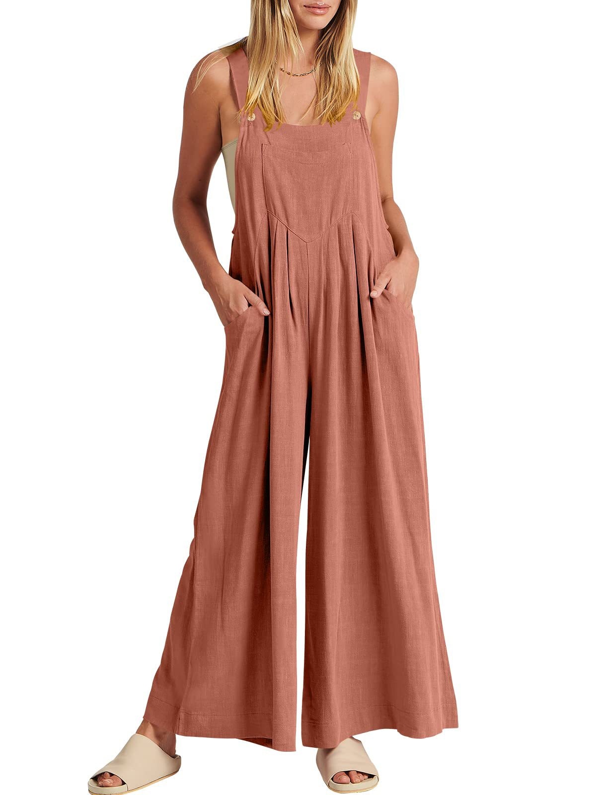 2023 Women's Solid Color Loose Casual Cotton Hemp Strap Jumpsuit with Pockets