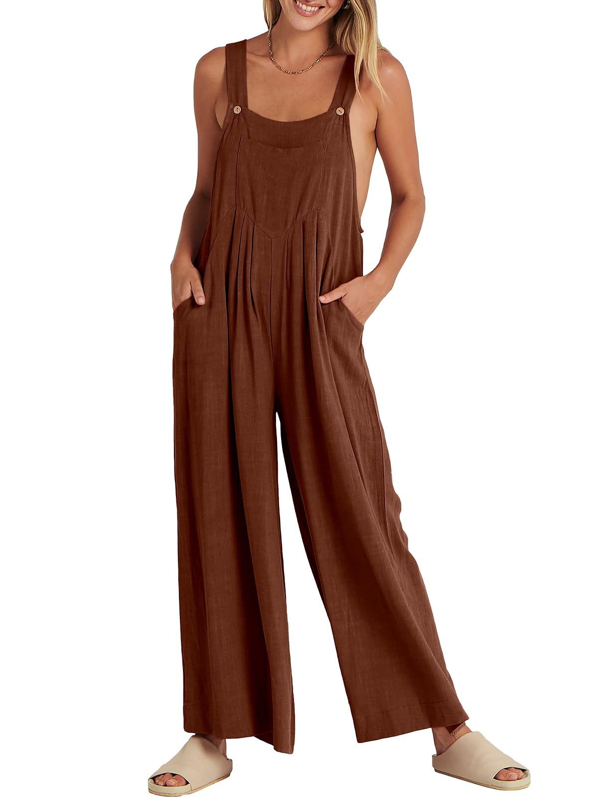 2023 Women's Solid Color Loose Casual Cotton Hemp Strap Jumpsuit with Pockets