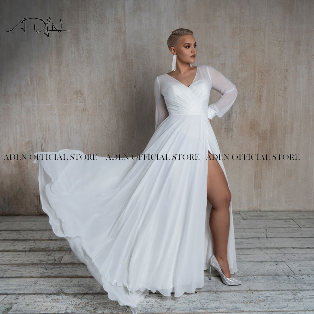 ADLN Simple Plus Size Chiffon Wedding Dress with Slit V-neck