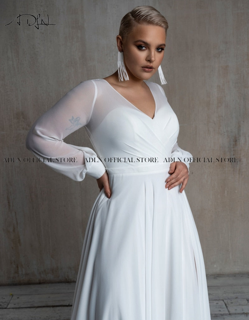 ADLN Simple Plus Size Chiffon Wedding Dress with Slit V-neck